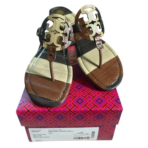 Tory Burch Miller Eel Leather Neutral Stripe Sandal - Picture 4 of 6